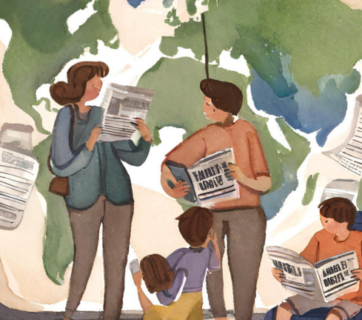 Ilustración de personaas leyendo periódicos
